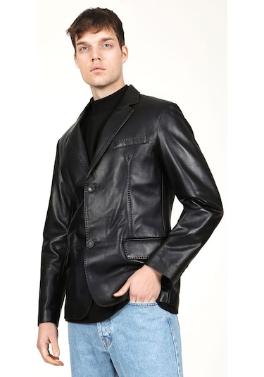 Dericlub Erkek Venedik Kruvaze Yaka Hakiki Deri Blazer Ceket Siyah Siyah