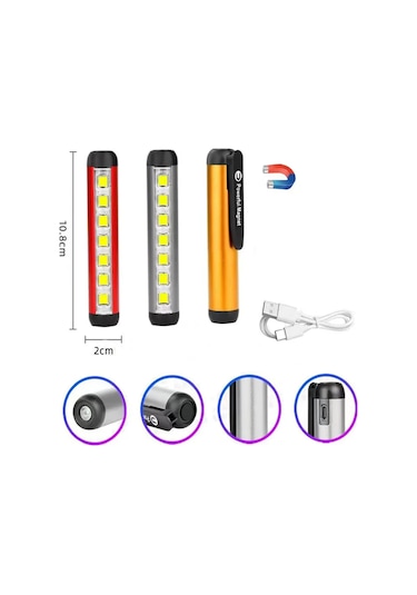 Jeemson Usb Şarjlı Xpe+cob Çift Işıklı Mini El Feneri - Mıknatıslı, Kalem Klipsli, Taşınabilir Kırmızı