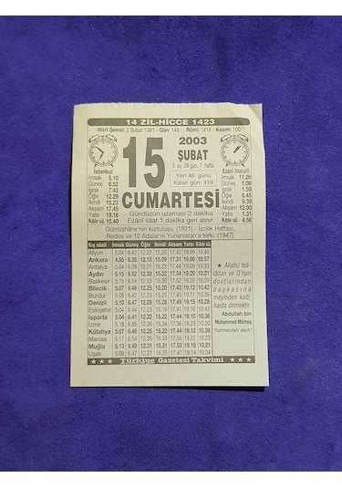 15 Şubat 2003 Takvim Yaprağı - Nostaljik Koleksiyonluk Takvim Yaprağı