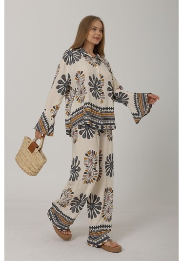 Desenli Kolları Volanlı Pantolon Takım - Antrasit Antrasit