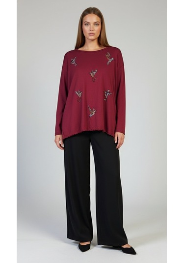 Taş Desenli Uzun Kollu Bambu Viskon Kumaş Bluz Bordo