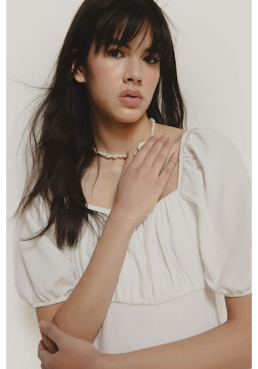 DeFacto Kare Yaka Keten Karışımlı Kısa Kollu Midi Yazlık Elbise E0896AX25SMWT32