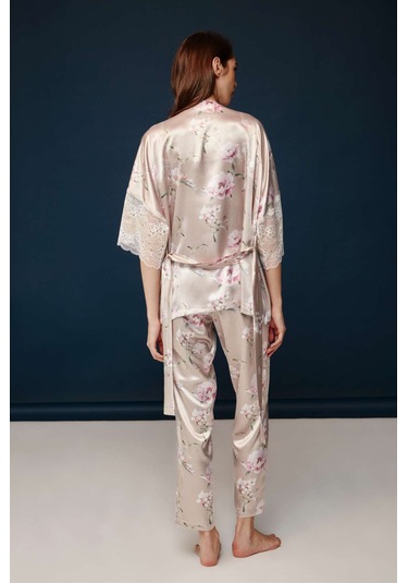 Bonnie&Clyde - Kadın Baskılı Saten 3 lü Takımı -5243 Pudra