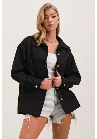 Gabria Çift Cep Gabardin Ceket Siyah