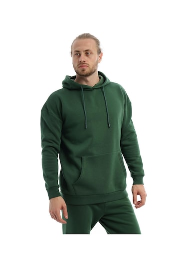 Erkek Kapüşonlu Kanguru Cepli Sweatshirt Koyu Yeşil