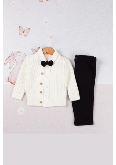 Erkek Bebek Triko Hırkalı Papyon Detaylı Takım Ekru