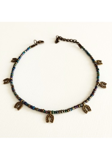 Başka Sanatlar H169 Nal Sembollü Boncuklu Halhal Lacivert - Antik Sarı