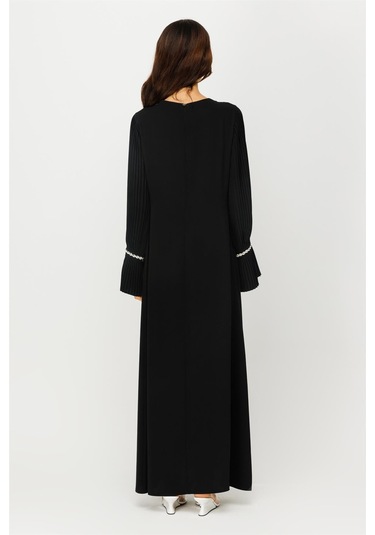 Kol Ağzı Plise Detaylı Şerit Taş İşli Elbise Siyah-siyah Siyah