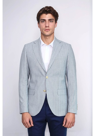 Açık Mavi Çizgili Keten Dokulu Gold Renk Metal Düğmeli Slim Fit Erkek Blazer Ceket Wessi Navy Blue