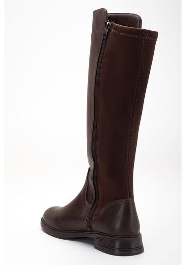 Kahverengi Kadın Çizme Düz Taban Streç Fermuarlı-4332 Kahverengi