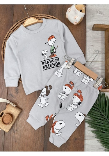 Bisiklet Yaka Peanuts Friends Baskılı Alt Üst Pijama Takımı 4bb2 Gri