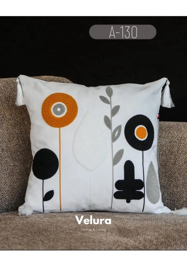 Dekoratif Kırlent & Pinterest Kırlent & Keten Kumaş - Nakış İşleme & A130 Kırmızı - Turuncu