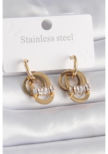 Çelik Gold Renk Zirkon Taşlı Halka Model Küpe Altın