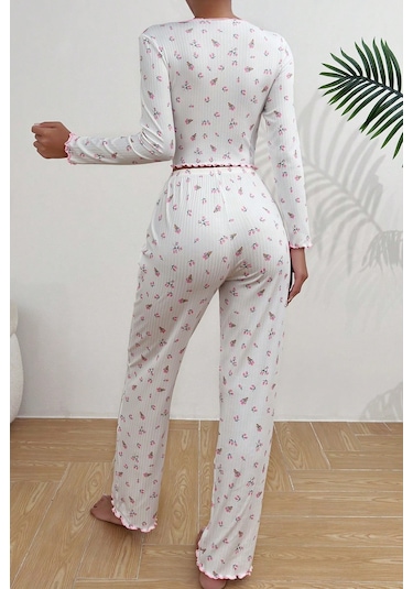 Merry See Baskılı Özel Kumaş Pijama Takımı Beyaz