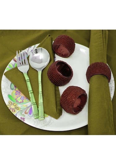 Boncuklu Peçete Halkası Seti 4 Adetli Set Yüzük Kahverengi Ra035