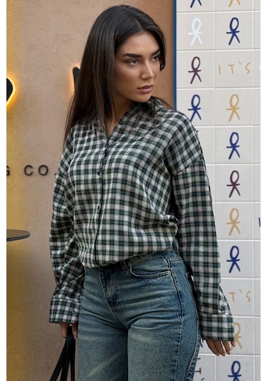 Madmext Yeşil Oversize Kareli Kadın Gömlek Mg2822