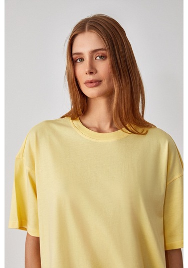 GRIMELANGE Lagertha Kadın %100 Organik Pamuklu Kalın Dokulu Oversize Fit Yuvarlak Yakalı Sarı T-shirt Sarı
