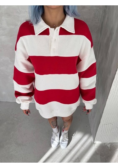 Unisex Üç İplik Parçalı Yakalı Sweatshirt - Kırmızı Karışık Çok Renkli