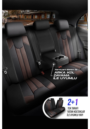 Siyah - Kahve Panda Carlone Serisi Ful Deri Oto Koltuk Kılıfı - Tam Set