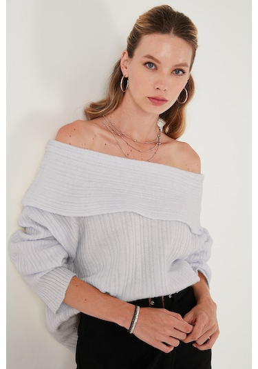 Lela Oversize Fit Madonna Yaka Triko Bayan Kazak 4615216 Açık Gri