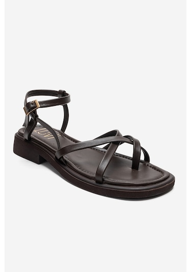 Luvishoes Antas Kahverengi Hakiki Deri Kadın Parmak Arası Sandalet Kahverengi