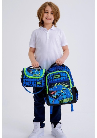 Coral High Kids Siyah Saks Ejderha Desenli 3 Lü Okul Çanta Seti Set0123485