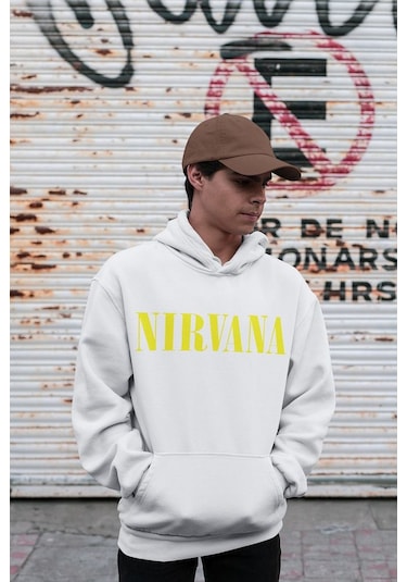 Sevbano Nirvana Yazılı Unisex Oversize Tasarım Hoodie Beyaz