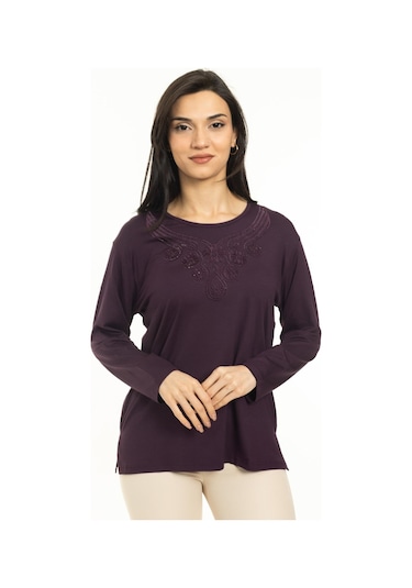 Kadın Orta Yaş Ve Üzeri Yeni Model Yuvarlak Yaka Likralı Anne Penye Bluz 30550-mürdüm