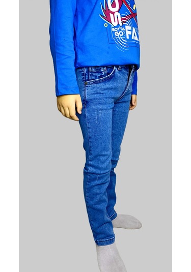 Erkek Çocuk Denim Tırtıklı Mavi Ligralı Kot Pantolon Füme