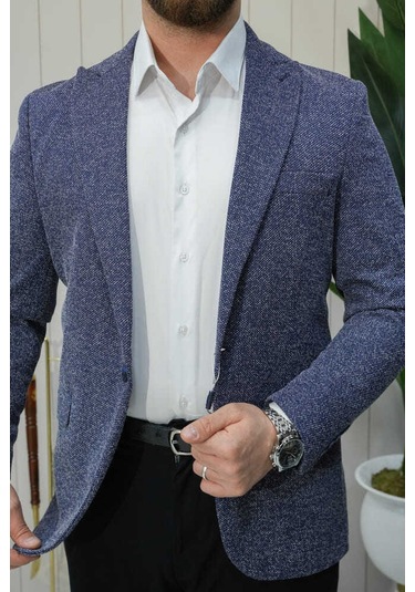 Bys Beystil Sivri Yaka Kırçıllı Lacivert Blazer Ceket Britanya - Slim Fit