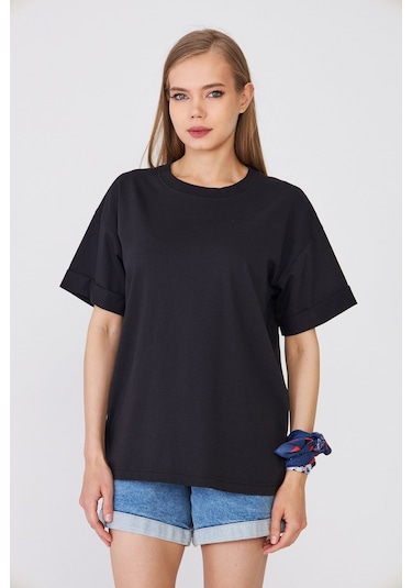 Hdm Kadın Siyah Basic Oversize %100 Pamuklu Rahat Kesim Günlük Tişört - H6041