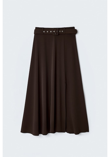 Sateen Kemerli Yırtmaç Detaylı Kloş Etek - Kahve-137414