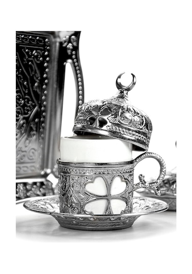 Sena Yonca Desenli Porselenli 4 Parça Gümüş Renk Fincan