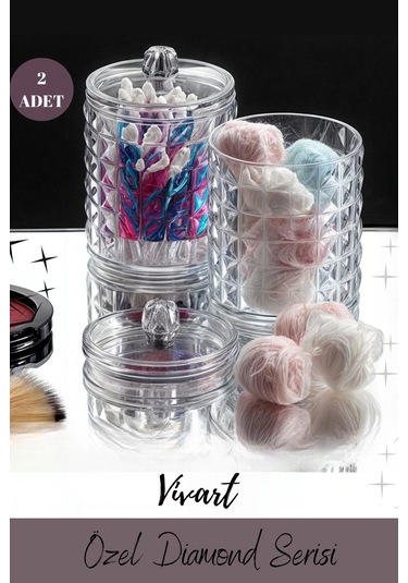 Vivart 2' Li Silindir Kapaklı Pamuk Organizeri Makyaj Organizeri Şeffaf Beyaz
