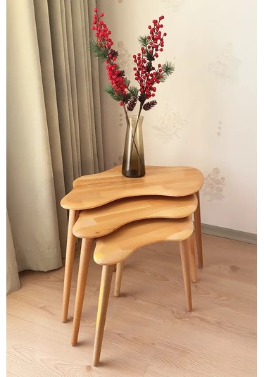 Fawdecor Asimetrik Naturel Masif Doğal Ahşap Zigon Sehpa 3'lü Set