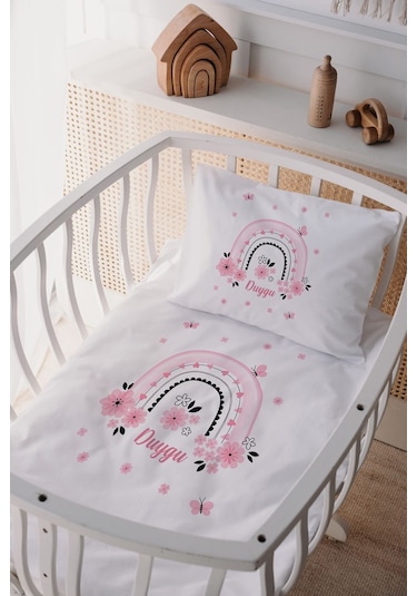 %100 Pamuk Saten Isme Özel Isimli Anne Yanı Beşik Nevresim Takımı Gökkuşağı 3