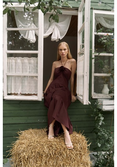 Elisa Gül Detay Bordo Uzun Elbise Bordo