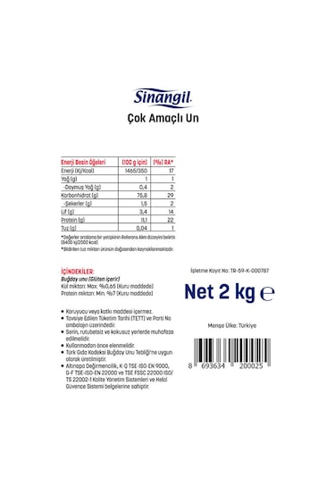 Sinangil Un 2 Kg Çok Amaçlı Buğday Unu, Ev Ve Profesyonel Kullanım