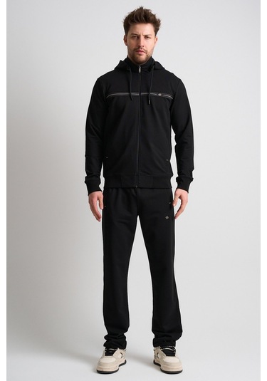 Shooter Sportswear Klasik Antrasit Erkek Eşofman Takımı Çıkartılabilir Kapüşonlu Rahat Kalıp Siyah