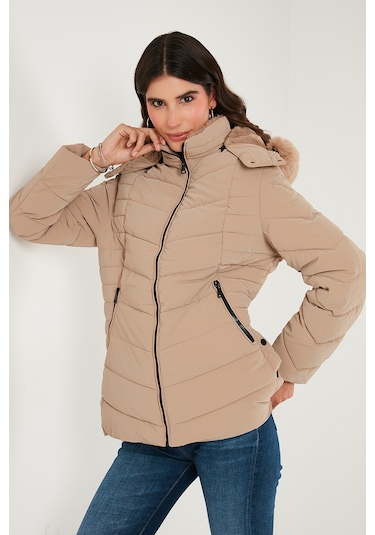Lela Kapitoneli Slim Fit Çıkarılabilir Kapüşonlu Bayan Mont 497Mara Bej