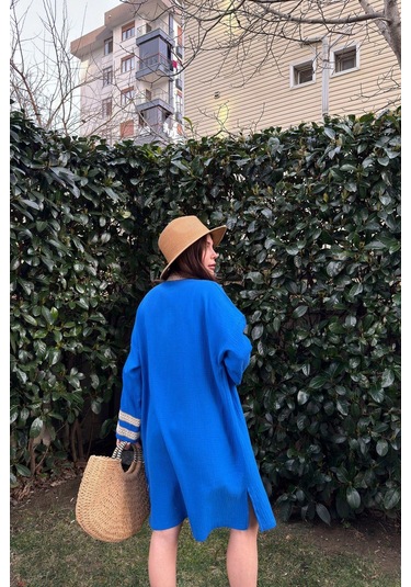 Kadın Saks Müslin Kumaş, Hasır Şerit Detaylı Salaş Kimono Ceket Saks