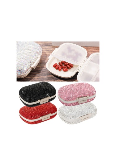 8 Bölmeli Bling Hap Kutusu Lüks Çift Taraflı Yapay Elmas Hap Kutusu Nem Geçirmez Su Geçirmez Seyahat Mücevher Kutusu Günlük Kırmızı,