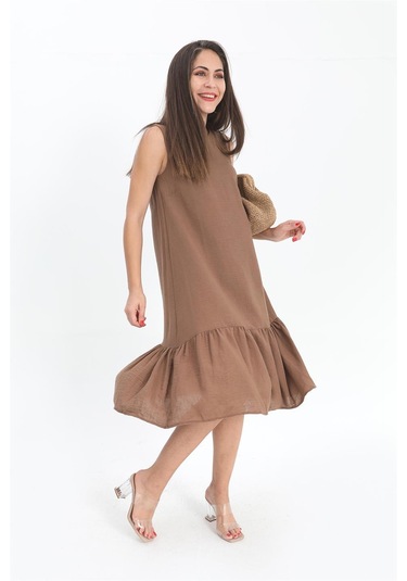Kristal Keten Kolsuz Kadın Salaş Elbise - Kahverengi-kahverengi