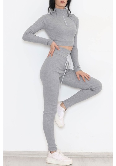 Mokashopin - Fermuarlı Crop Takım Gri - 12130.1748. 001