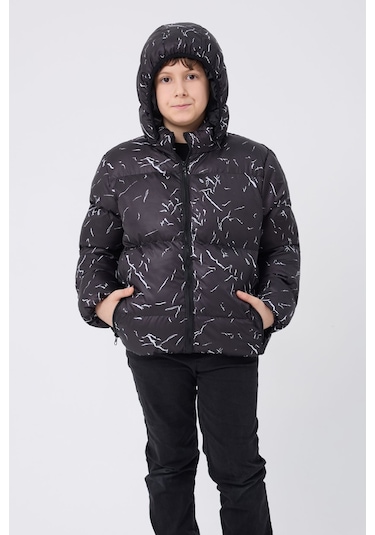Erkek Çocuk Siyah Çıkabilir Kapüşonlu Su Ve Rüzgar Geçirmez Cepli Kışlık Şişme Mont & Kaban & Parka Siyah