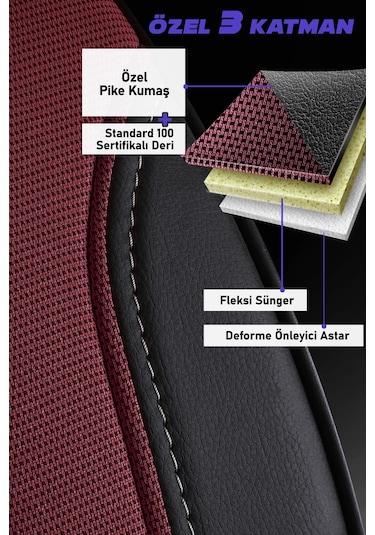 Bordo Panda Peru Serisi Pike Kumaş Ön İki Oto Koltuk Kılıfı