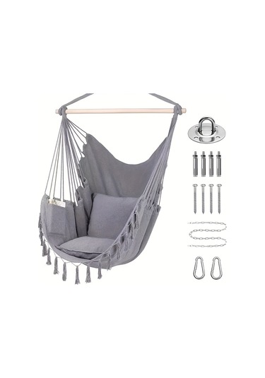 Gri Püsküllü Halat Hamak Sandalye