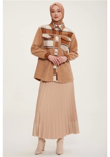 Armine Ekose Garnili Peluş Ceket 22k5005 Gri Camel