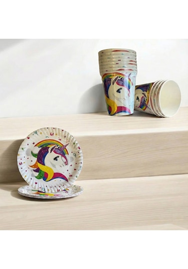 Unicorn Temalı Karton Tabak Bardak Set 8 Tabak 8 Bardak Çok Renkli