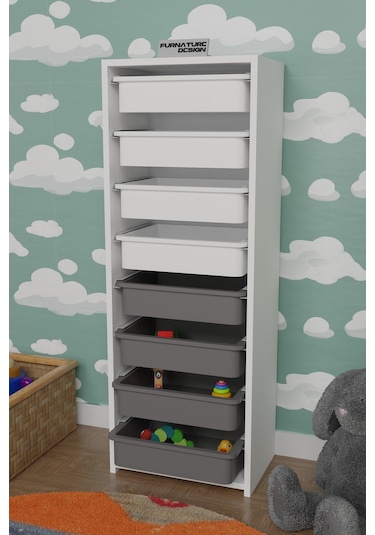 8 Sepetli Çok Amaçlı Oyuncak Mutfak Dolabı - Beyaz-gri&beyaz